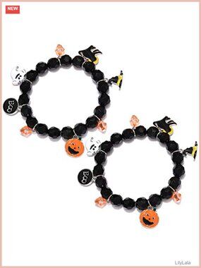 Halloween Charm Bracelet Set Black Bead Stretch Pumpkin Ghost Costume